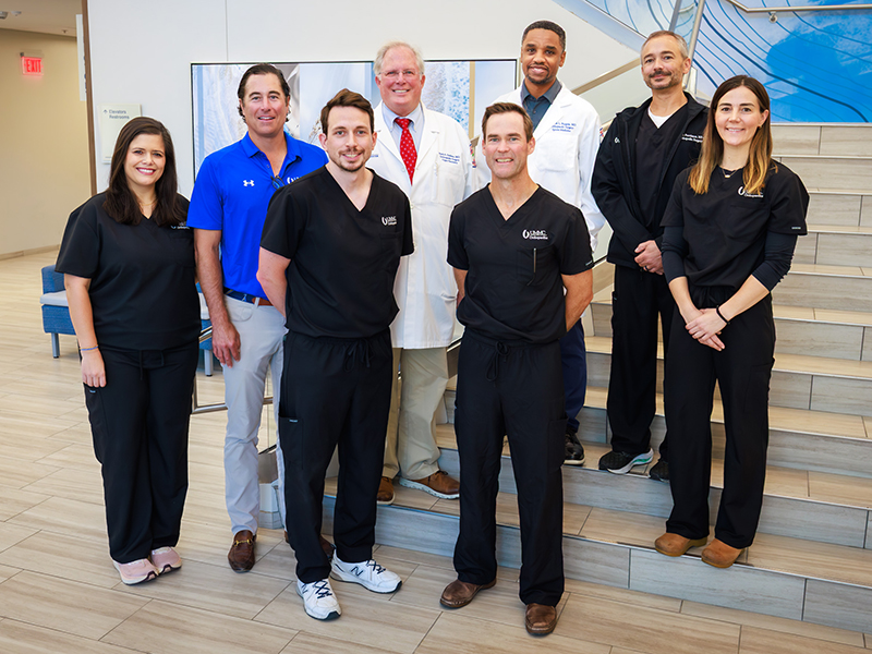 The orthopaedic walk-in clinic team includes, front, from left, Dr. Spencer Montgomery and Dr. Matthew Graves; and back, Bailey Sprowles, nurse practitioner; Dr. JR Woodall; Dr. Mark Dodson; Dr. Derrick Burgess; Hollis Purviance, nurse practitioner; and Brianna Pendergrass, nurse practitioner.